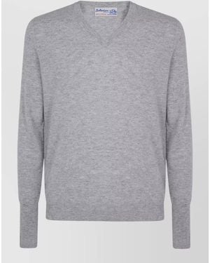 Ballantyne V Neck Jumper Long Sleeves Ribbed Trims - Grey