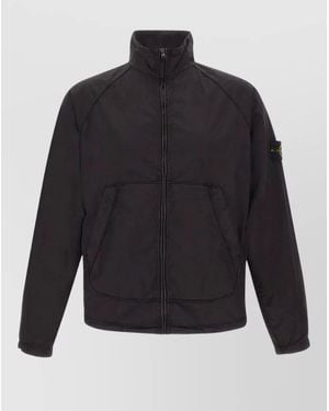 Stone Island High Collar Coat Elasticated Cuffs Pockets - Blue