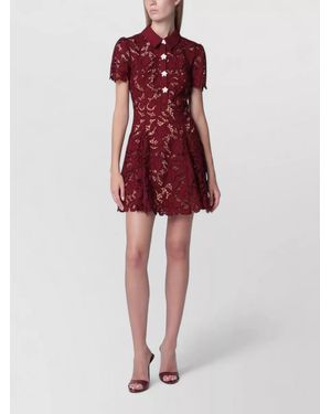 Self-Portrait Short Sleeve Dress Floral Buttons Lace Hem - Red