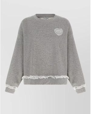Ganni Organic Cotton Lace-Trimmed Sweatshirt - Grey
