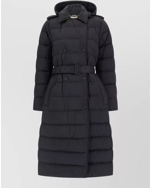 Burberry Long Trench Coat Hood Belt Quilting - Blue