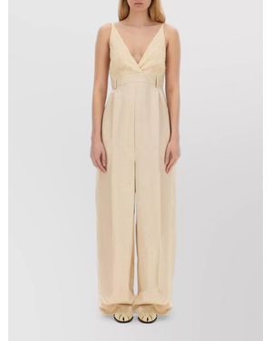 Alysi Satin Jumpsuit Lace Bodice Wide Leg - Natural