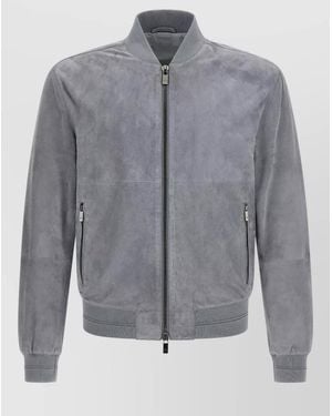 Pal Zileri Suede Bomber Jacket Ribbed Cuffs Hem - Grey