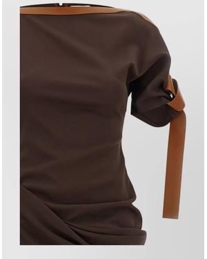 Ferragamo Leather Trim Asymmetric Draped Boat Neck Midi Dress - Brown