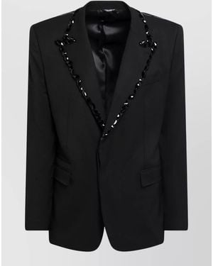 Dolce & Gabbana Suit Jacket Embellished Lapel Satin Finish - Black