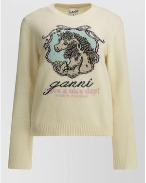 Ganni Horses Motif Crew Neck Knit Jumper - Metallic