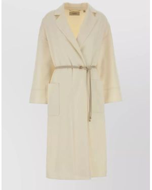 Agnona Wool Blend Coat Belted Waist Pockets - Natural
