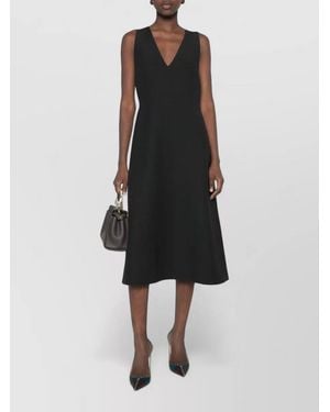 Fendi Wool Silk Midi Dress V Neck - Black