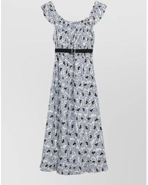 Prada Off Shoulder Belted Midi Dress Floral - White