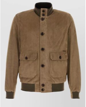 Moorer Carlos Suede Bomber Jacket High Collar - Brown