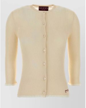 Gucci Cotton Cardigan Ribbed Texture Frayed Hem - Natural