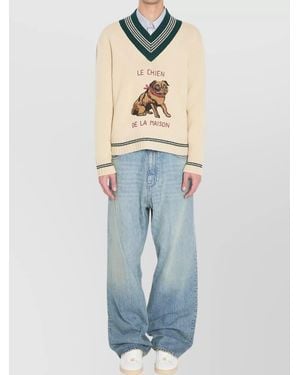 Valentino Garavani Virgin Wool V-Neck Embroidered Ribbed Jumper - Blue