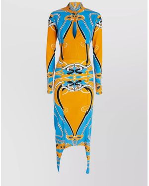 Patou Printed Stand-Collar Cutout Long-Sleeve Midi Dress - Blue