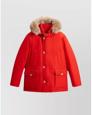 Woolrich Hooded Quilted Jackets Front Pockets - Red