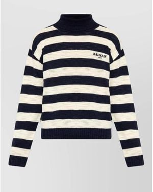Balmain Striped Turtleneck Jumper Ribbed Cuffs Hem - Blue