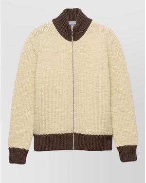Prada Virgin Wool Oversized Ribbed Mock Turtleneck Cardigan - Natural