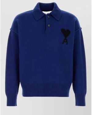 Ami Paris Long Sleeve Wool Polo Shirt Ribbed Hem - Blue