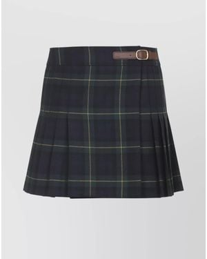 Celine Wool Checked Low-Rise Pleated Mini Skirt - Blue