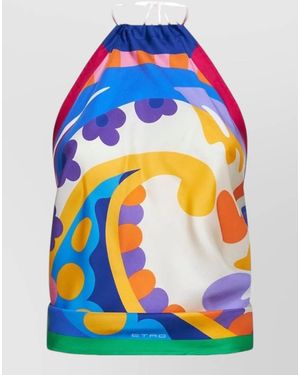 Etro Silk Top With Halterneck And Floral Paisley Motif - Blue