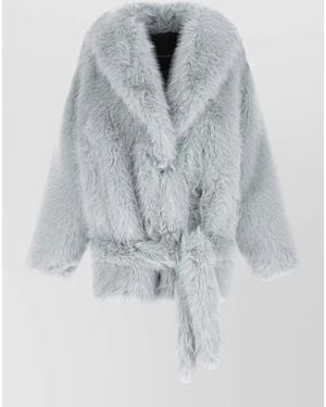 Pinko Faux Fur Coat Shawl Collar Belt - Blue