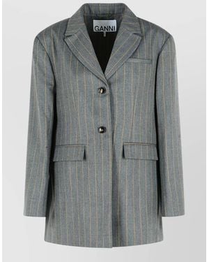 Ganni Wool Blend Blazer Striped Notch Lapel - Gray