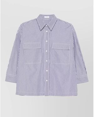 Brunello Cucinelli Longline Cotton Shirt Chest Pockets Stripes - Purple