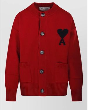 Ami Paris Wool Crewneck Cardigan - Red