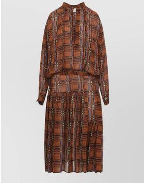 Dries Van Noten Printed Gathered Long-Sleeve Midi Dress - Brown