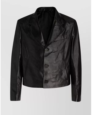 Ferragamo Fitted Leather Jacket Wide Lapels - Black