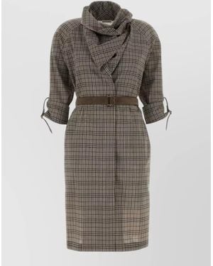 Burberry Virgin Wool Check Shawl Collar Knee-Length Dress - Grey