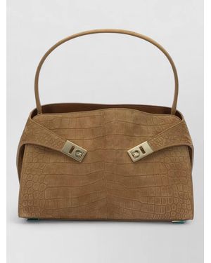 Ferragamo Medium Crocodile Texture Shoulder Bag Top Handle - Brown