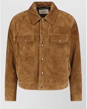 Saint Laurent Casual Coat Front Pockets Suede Texture - Brown
