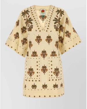 FARM Rio Linen Tunic Dress Floral Embroidery Pockets - Natural