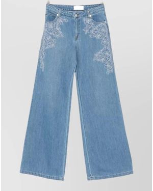 ERMANNO FIRENZE Floral Embroidery Wide Leg Denim Trousers - Blue