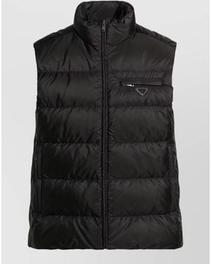 Prada Sleeveless Padded Coat High Collar Chest Pocket - Black