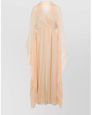 Alberta Ferretti Silk Chiffon V-Neck Asymmetric Long-Sleeve Gathered Maxi Dress - Natural