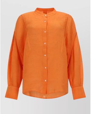 120% Lino Linen Shirt Long Sleeves Mandarin Collar Relaxed Fit - Orange