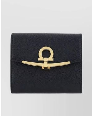 Ferragamo Textured Leather Wallet With Refined Metal Accents - Blue