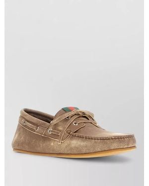 Gucci Leather Loafers Moc Toe Rubber Sole Lace - Brown