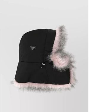 Prada Nylon Hat: Hooded With Fur Trim - Black