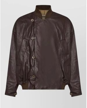 Uma Wang Leather Ribbed-Collar Off-Center Jacket - Brown