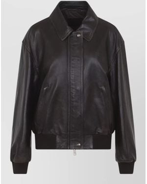 Prada Leather Bomber Jacket Relaxed Fit Ribbed Trims - Black