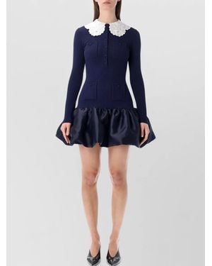 Self-Portrait Pointelle Knit Mini Dress Taffeta Skirt - Blue