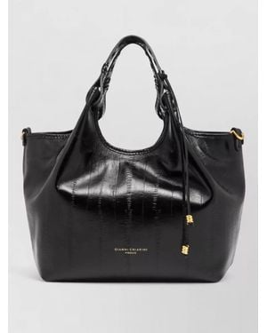 Gianni Chiarini Dua Tote Bag Detachable Strap Goldtone Hardware Top Handles - Black