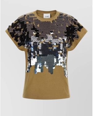 Nude Sequin Detail T Shirt Round Neck Back Slit - Multicolor