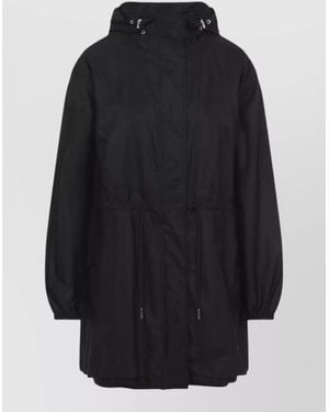 Moncler Long Hooded Coat Elastic Cuffs Drawstring Waist - Blue