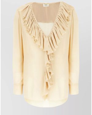 Saint Laurent Silk Ruffled V-Neck Long-Sleeve Blouse - Natural