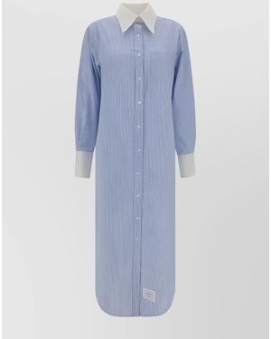 Thom Browne Cotton Striped Embroidered Shirt Midi Dress - Blue