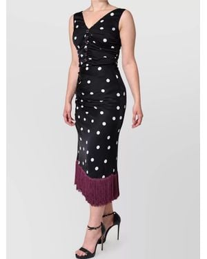 Dolce & Gabbana Silk Polka-Dot V-Neck Sleeveless Midi Dress - Black