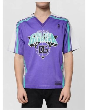 Dolce & Gabbana Logo Jersey Cotton V Neck T Shirt - Purple
